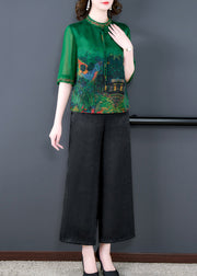 Vintage Green Print Tops And Pants Silk Two Pieces Set Summer