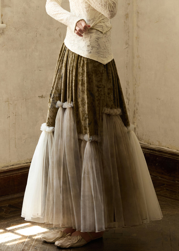 Vintage Green Ruffled Elastic Waist Tulle Patchwork Silk Velvet Skirts Winter