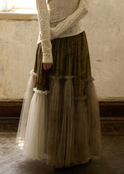 Vintage Green Ruffled Elastic Waist Tulle Patchwork Silk Velvet Skirts Winter