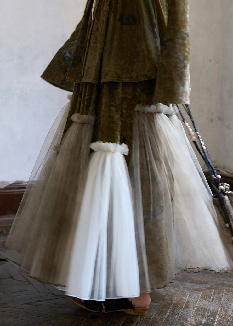 Vintage Green Ruffled Elastic Waist Tulle Patchwork Silk Velvet Skirts Winter