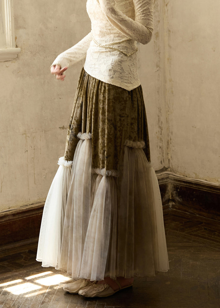 Vintage Green Ruffled Elastic Waist Tulle Patchwork Silk Velvet Skirts Winter