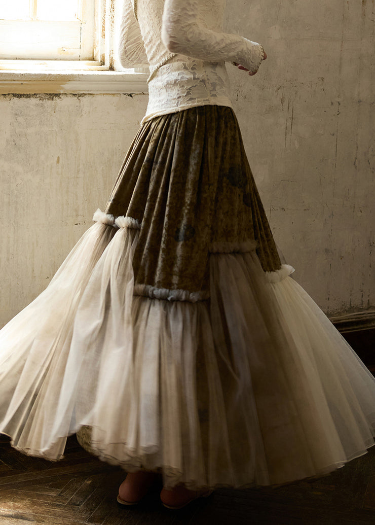 Vintage Green Ruffled Elastic Waist Tulle Patchwork Silk Velvet Skirts Winter