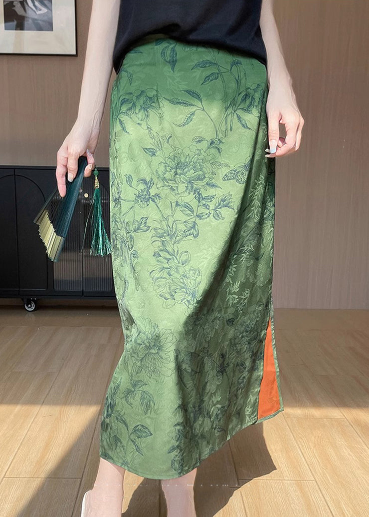 Vintage Green Side Open Draping Silk A Line Skirt Summer