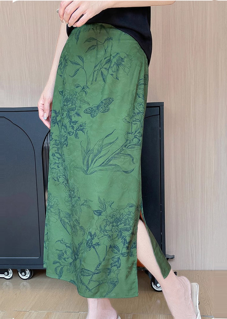 Vintage Green Side Open Draping Silk A Line Skirt Summer