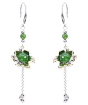 Vintage Green Sterling Silver Jade Floral Drop Earrings