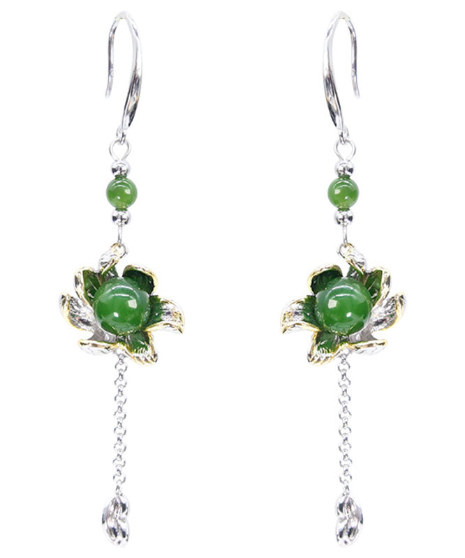 Vintage Green Sterling Silver Jade Floral Drop Earrings