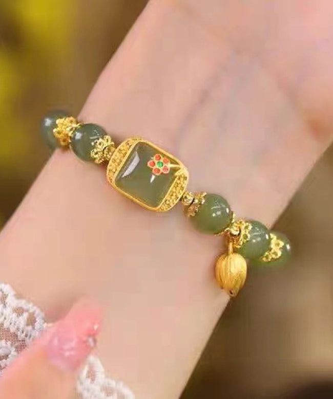 Vintage Green Sterling Silver Overgild Jade Lotus Charm Bracelet