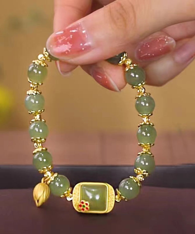 Vintage Green Sterling Silver Overgild Jade Lotus Charm Bracelet