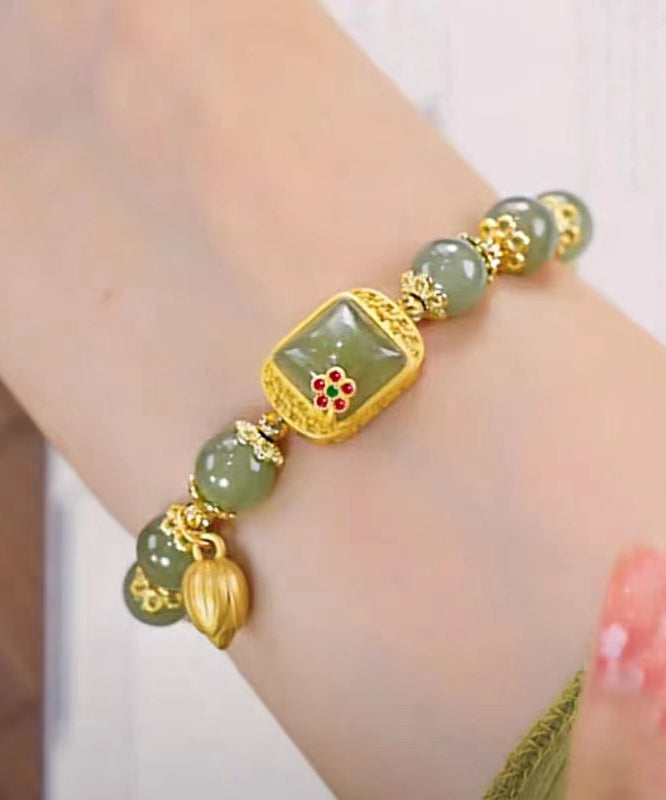 Vintage Green Sterling Silver Overgild Jade Lotus Charm Bracelet