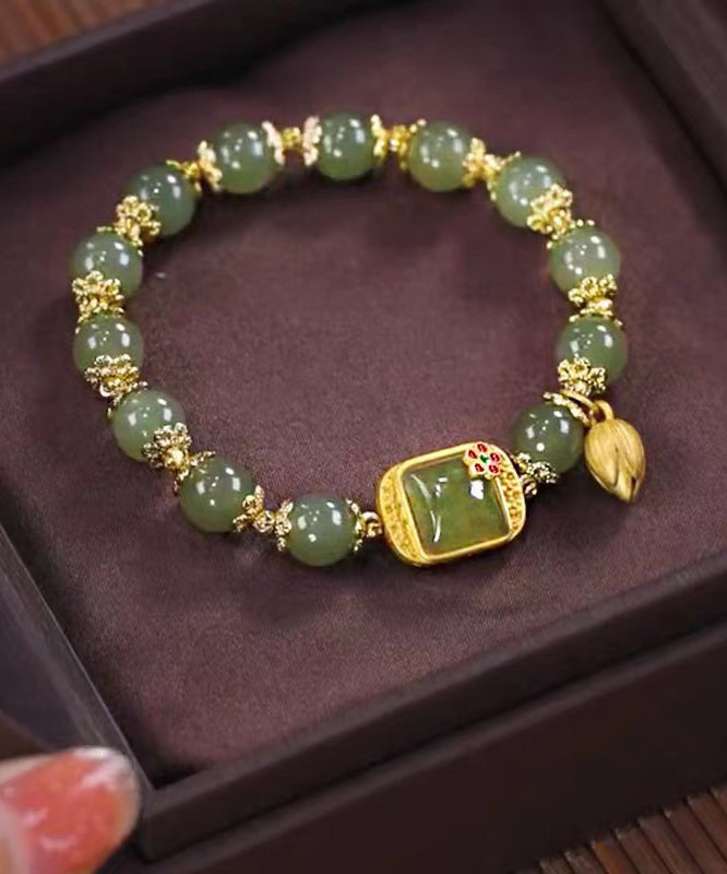 Vintage Green Sterling Silver Overgild Jade Lotus Charm Bracelet