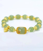 Vintage Green Sterling Silver Overgild Jade Lotus Charm Bracelet