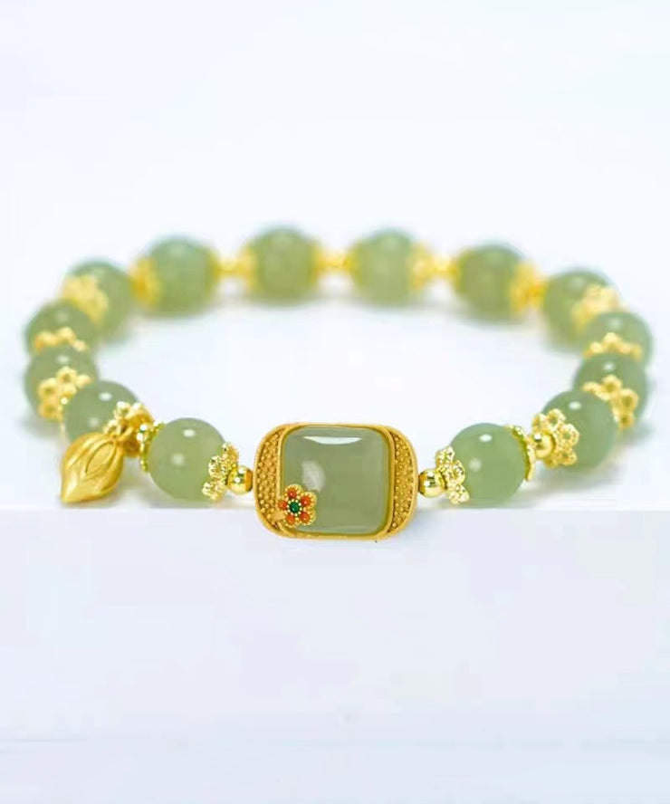 Vintage Green Sterling Silver Overgild Jade Lotus Charm Bracelet