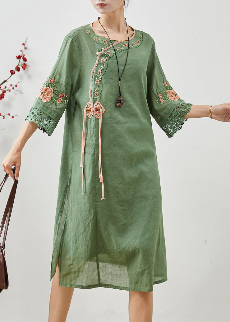 Vintage Green Tasseled Embroidered Linen Dresses Summer