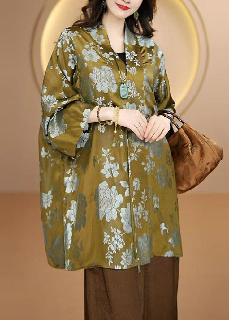 Vintage Green V Neck Button Print Silk Shirts Top Fall