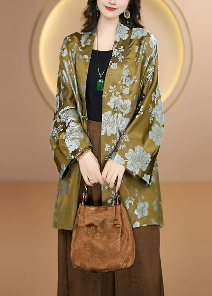 Vintage Green V Neck Button Print Silk Shirts Top Fall
