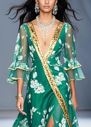 Vintage Green V Neck Print Chiffon Holiday Dress Flare Sleeve