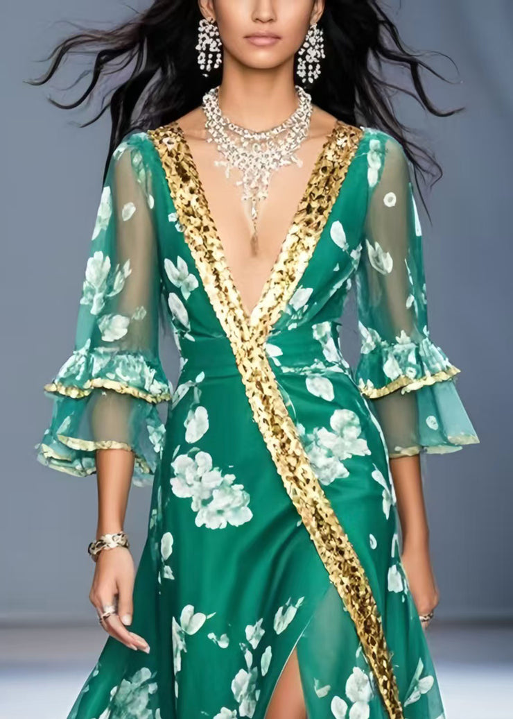 Vintage Green V Neck Print Chiffon Holiday Dress Flare Sleeve