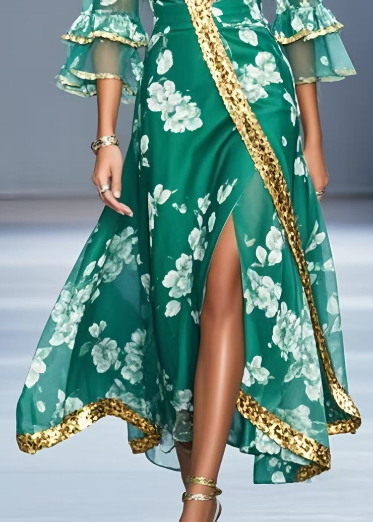 Vintage Green V Neck Print Chiffon Holiday Dress Flare Sleeve