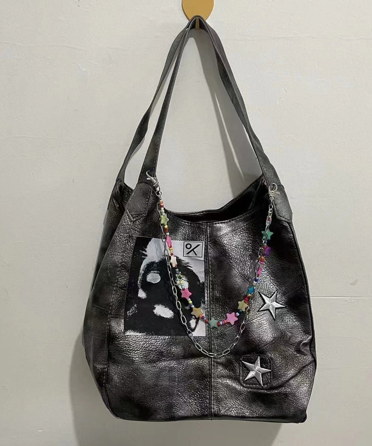 Vintage Grey Chain Linked Appliqued Faux Leather Shoulder Bags