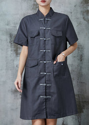 Vintage Grey Chinese Button Pockets Linen Dress Summer