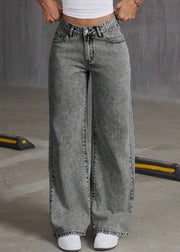 Vintage Grey Embroidered Pockets Denim Pants Summer