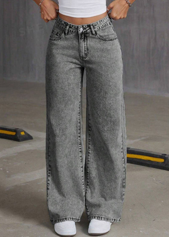 Vintage Grey Embroidered Pockets Denim Pants Summer