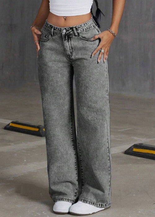 Vintage Grey Embroidered Pockets Denim Pants Summer