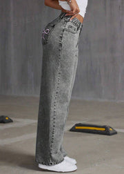 Vintage Grey Embroidered Pockets Denim Pants Summer