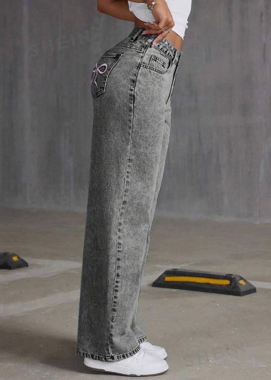 Vintage Grey Embroidered Pockets Denim Pants Summer