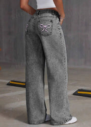Vintage Grey Embroidered Pockets Denim Pants Summer