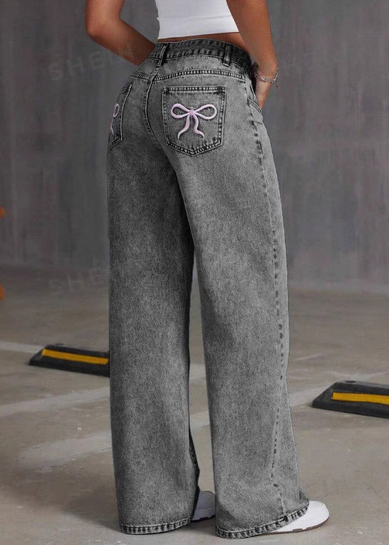 Vintage Grey Embroidered Pockets Denim Pants Summer