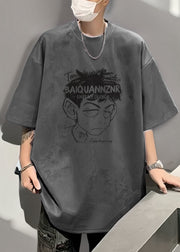 Vintage Grey O Neck Print Faux Suede Mens T Shirt Half Sleeve