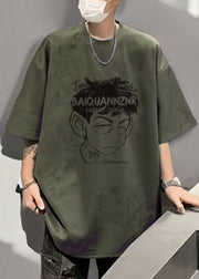 Vintage Grey O Neck Print Faux Suede Mens T Shirt Half Sleeve