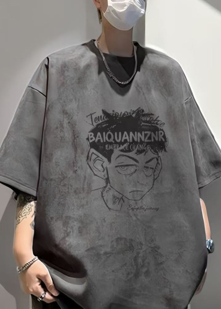 Vintage Grey O Neck Print Faux Suede Mens T Shirt Half Sleeve