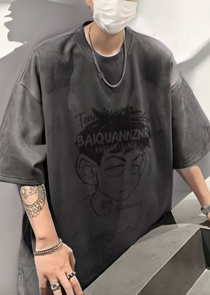 Vintage Grey O Neck Print Faux Suede Mens T Shirt Half Sleeve