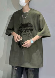Vintage Grey O Neck Print Faux Suede Mens T Shirt Half Sleeve