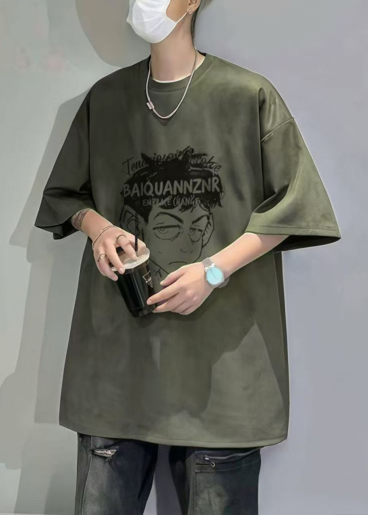 Vintage Grey O Neck Print Faux Suede Mens T Shirt Half Sleeve