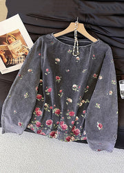 Vintage Grey O-Neck Rose Print Cotton T Shirts Fall