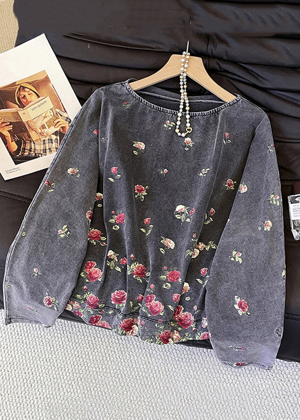 Vintage Grey O-Neck Rose Print Cotton T Shirts Fall