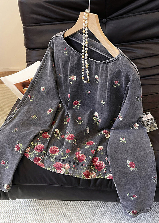 Vintage Grey O-Neck Rose Print Cotton T Shirts Fall