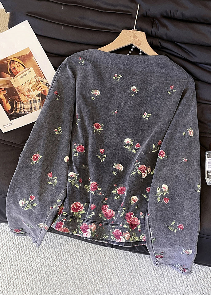 Vintage Grey O-Neck Rose Print Cotton T Shirts Fall