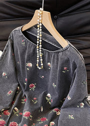 Vintage Grey O-Neck Rose Print Cotton T Shirts Fall