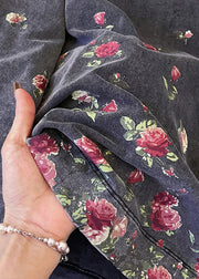 Vintage Grey O-Neck Rose Print Cotton T Shirts Fall