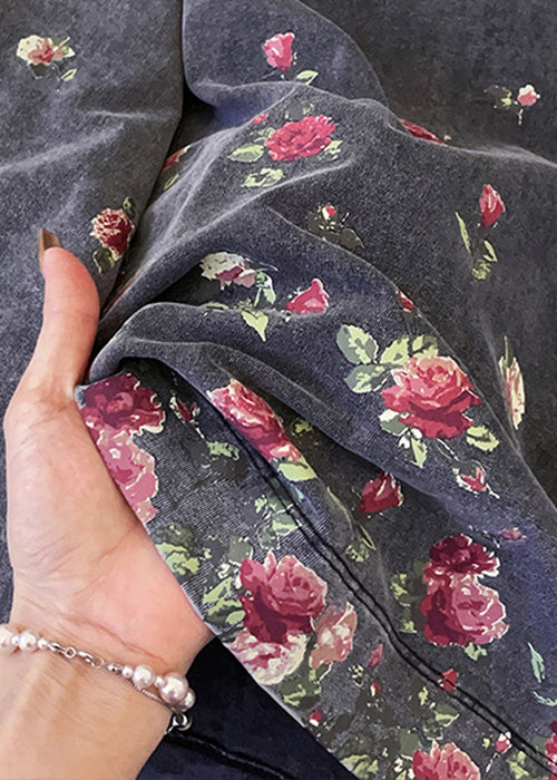 Vintage Grey O-Neck Rose Print Cotton T Shirts Fall
