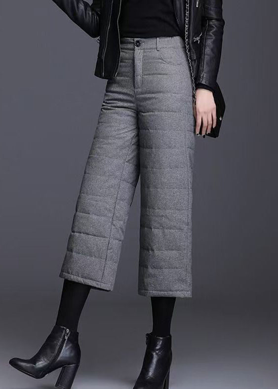 Vintage Grey Pockets High Waist Duck Down Crop Pants Winter