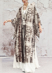 Vintage Grey Print Lace Up Side Open Cotton Long Coat Half Sleeve