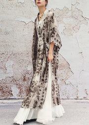 Vintage Grey Print Lace Up Side Open Cotton Long Coat Half Sleeve