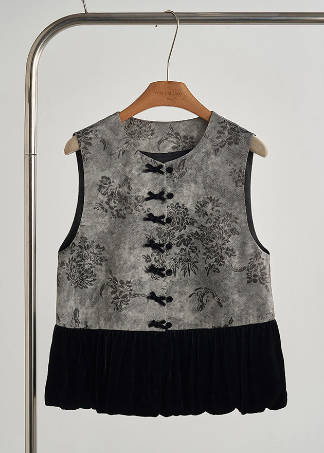Vintage Grey Print Patchwork Silk Velour Vests Fall