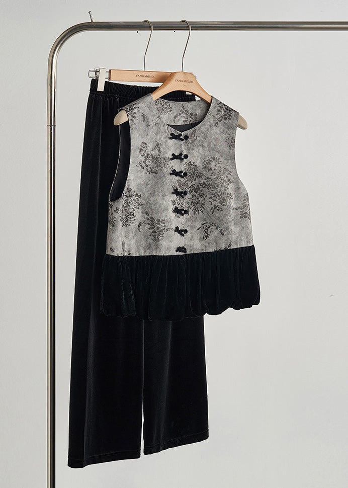 Vintage Grey Print Patchwork Silk Velour Vests Fall