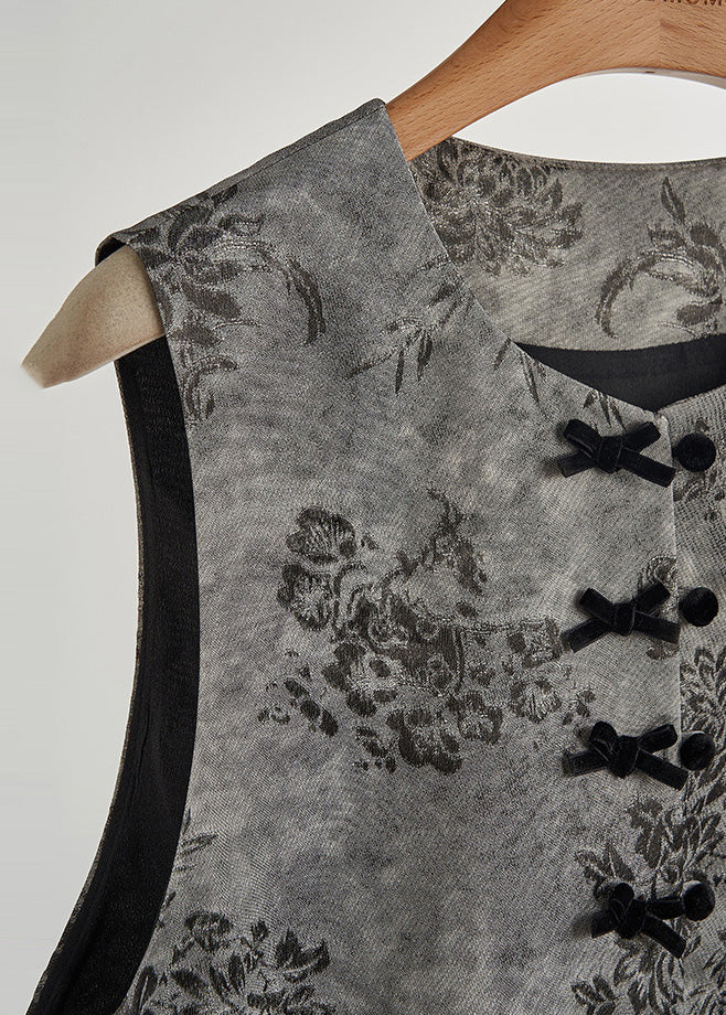 Vintage Grey Print Patchwork Silk Velour Vests Fall